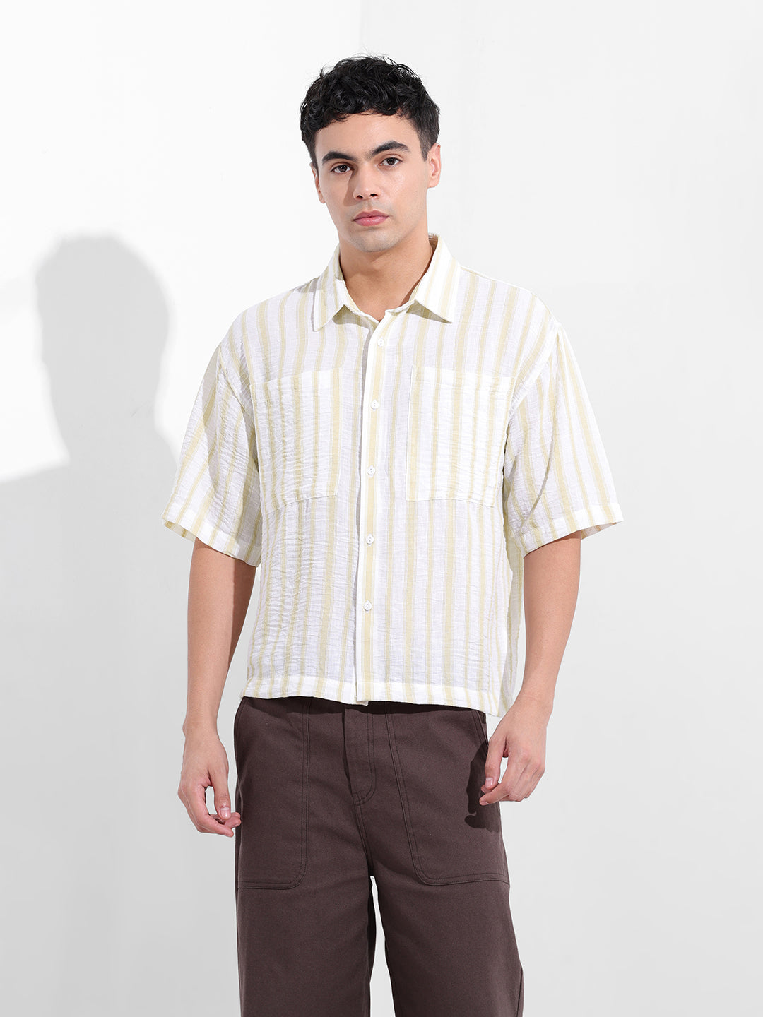 Men's Lemon Green Boxy Fit Striped Resort Shirt