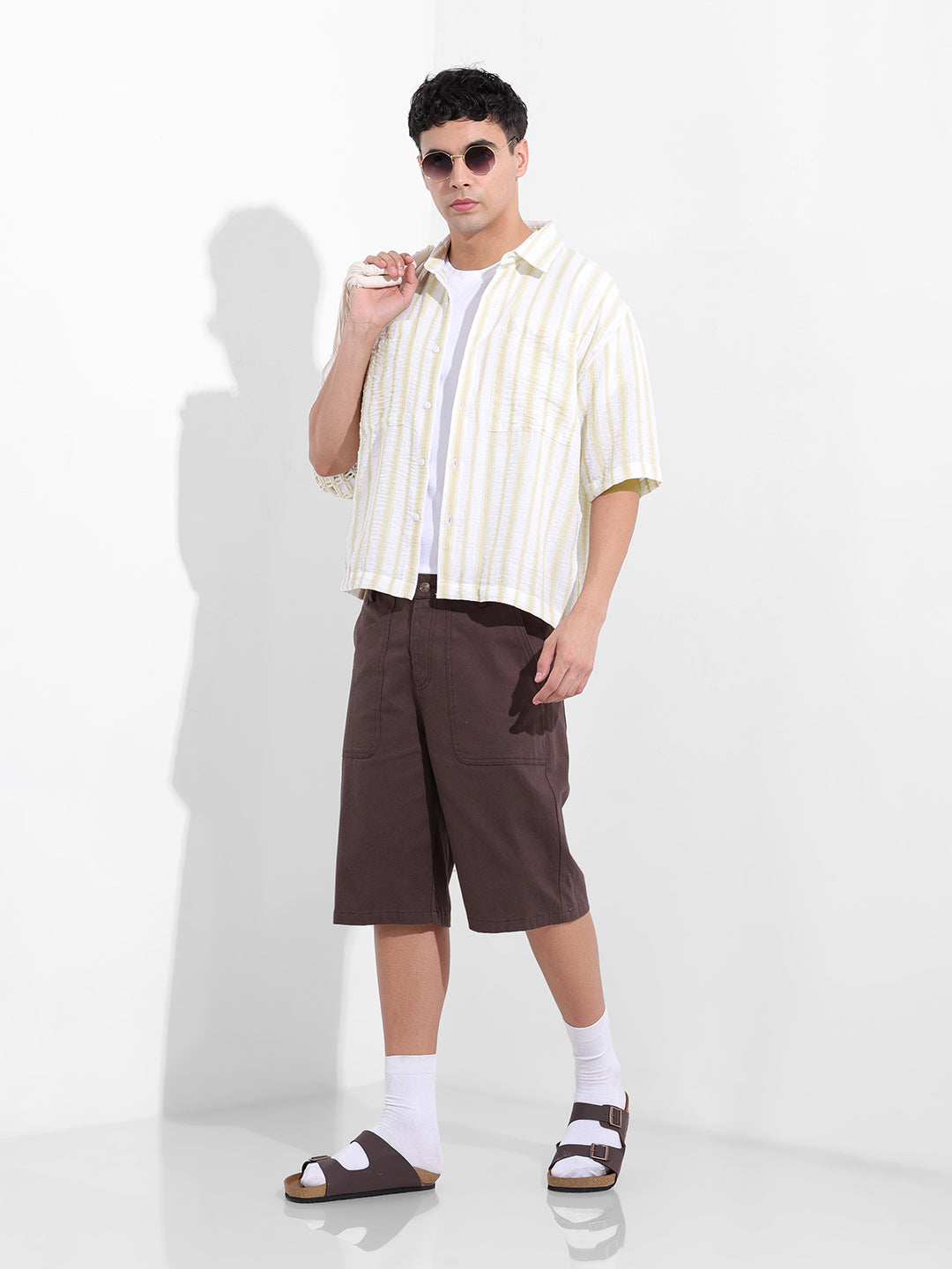 Men's Lemon Green Boxy Fit Striped Resort Shirt