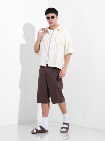 Men's Lemon Green Boxy Fit Striped Resort Shirt