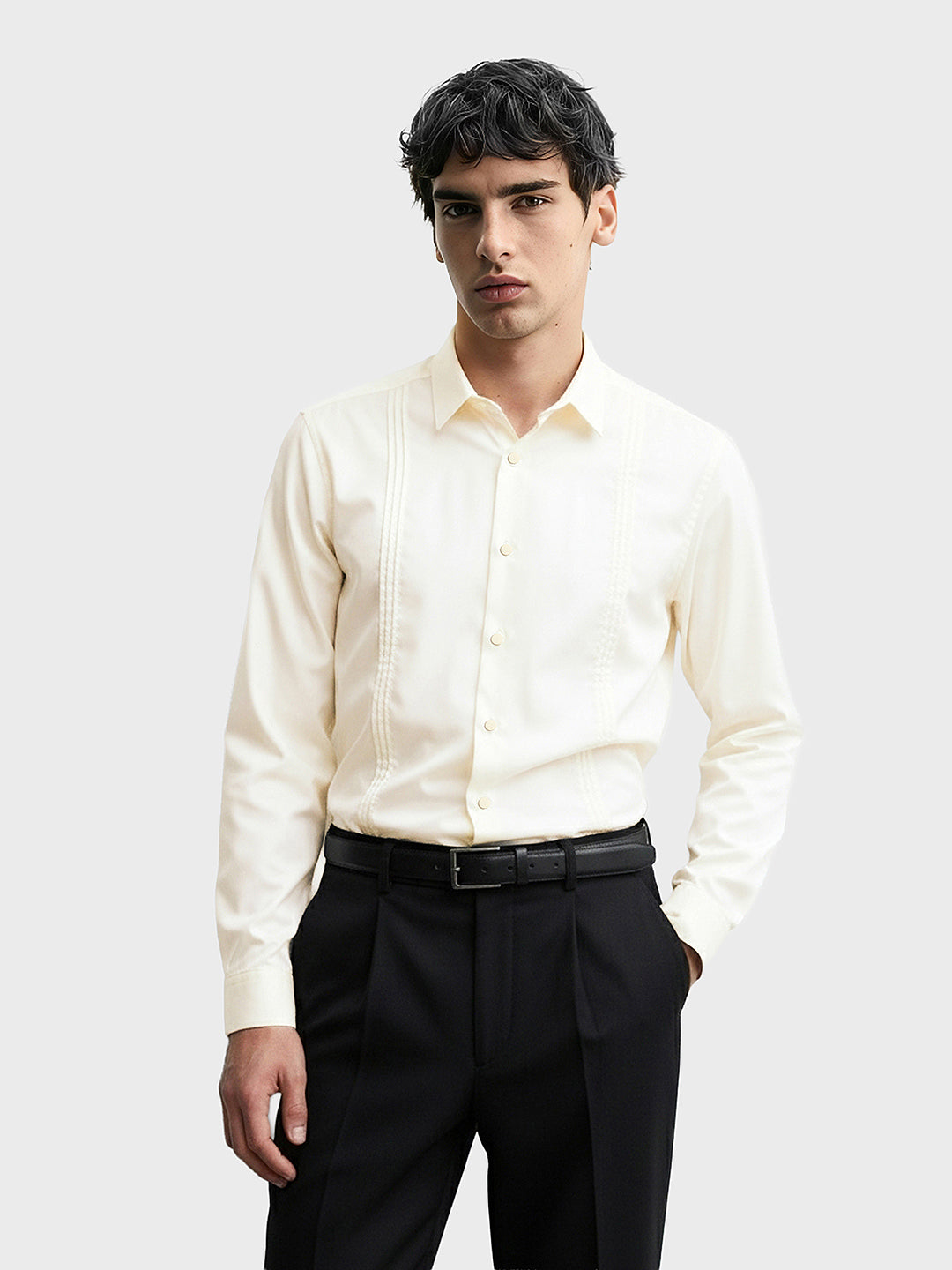 Men's Cream Slim Fit Party Wear Solid Shirt