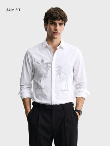 Men's White Slim Fit Embroidered Party Wear Shirts