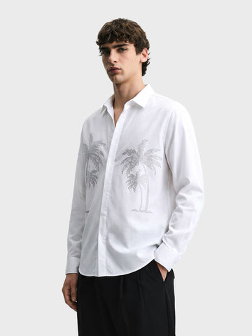 Men's White Slim Fit Embroidered Party Wear Shirts
