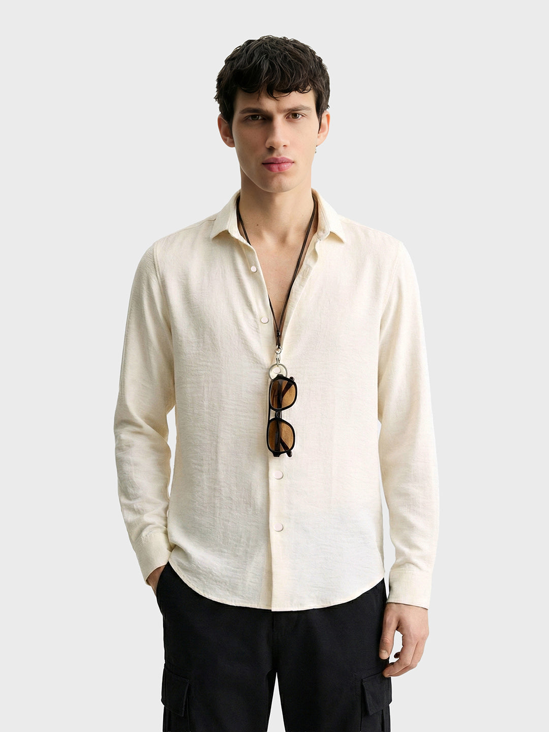 Men's Cream Slim Fit Party Wear Solid Shirt