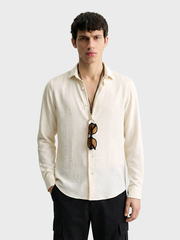 Men's Cream Slim Fit Party Wear Solid Shirt