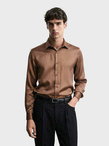 Men's Brown Slim Fit Party Wear Solid Shirt