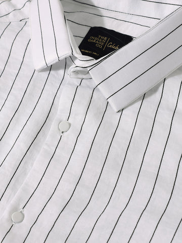 Men's White Slim Fit Party Wear Striped Shirt