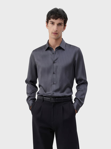 Men's Silver Slim Fit Party Wear Striped Shirt