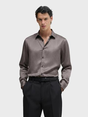 Men's Grey Slim Fit Party Wear Striped Shirt