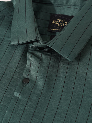 Men's Green Slim Fit Party Wear Striped Shirt