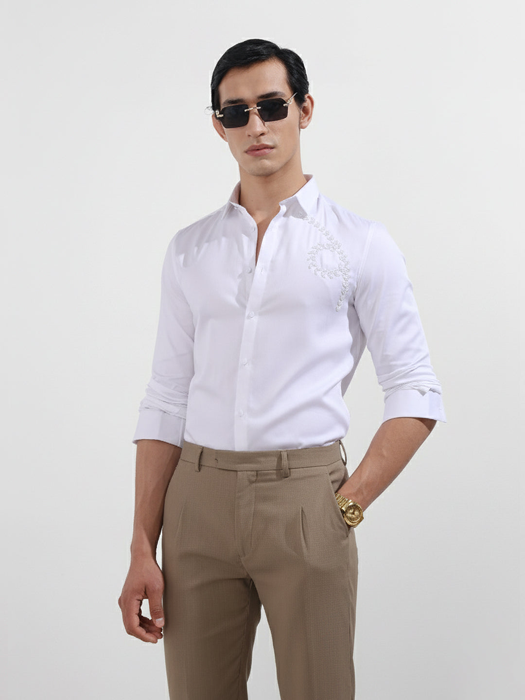 Men's White Slim Fit Embellishment Party Wear Shirt