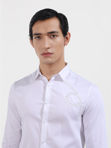 Men's White Slim Fit Embellishment Party Wear Shirt