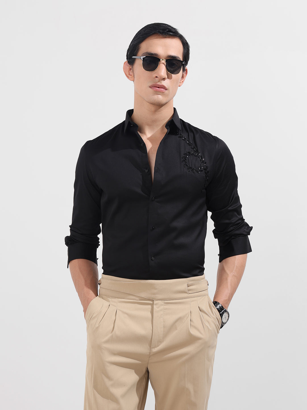 Men's Black Slim Fit Embellishment Party Wear Shirt