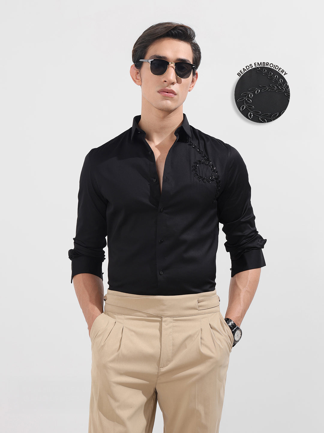 Men's Black Slim Fit Embellishment Party Wear Shirt