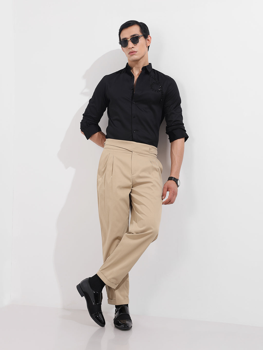 Men's Black Slim Fit Embellishment Party Wear Shirt
