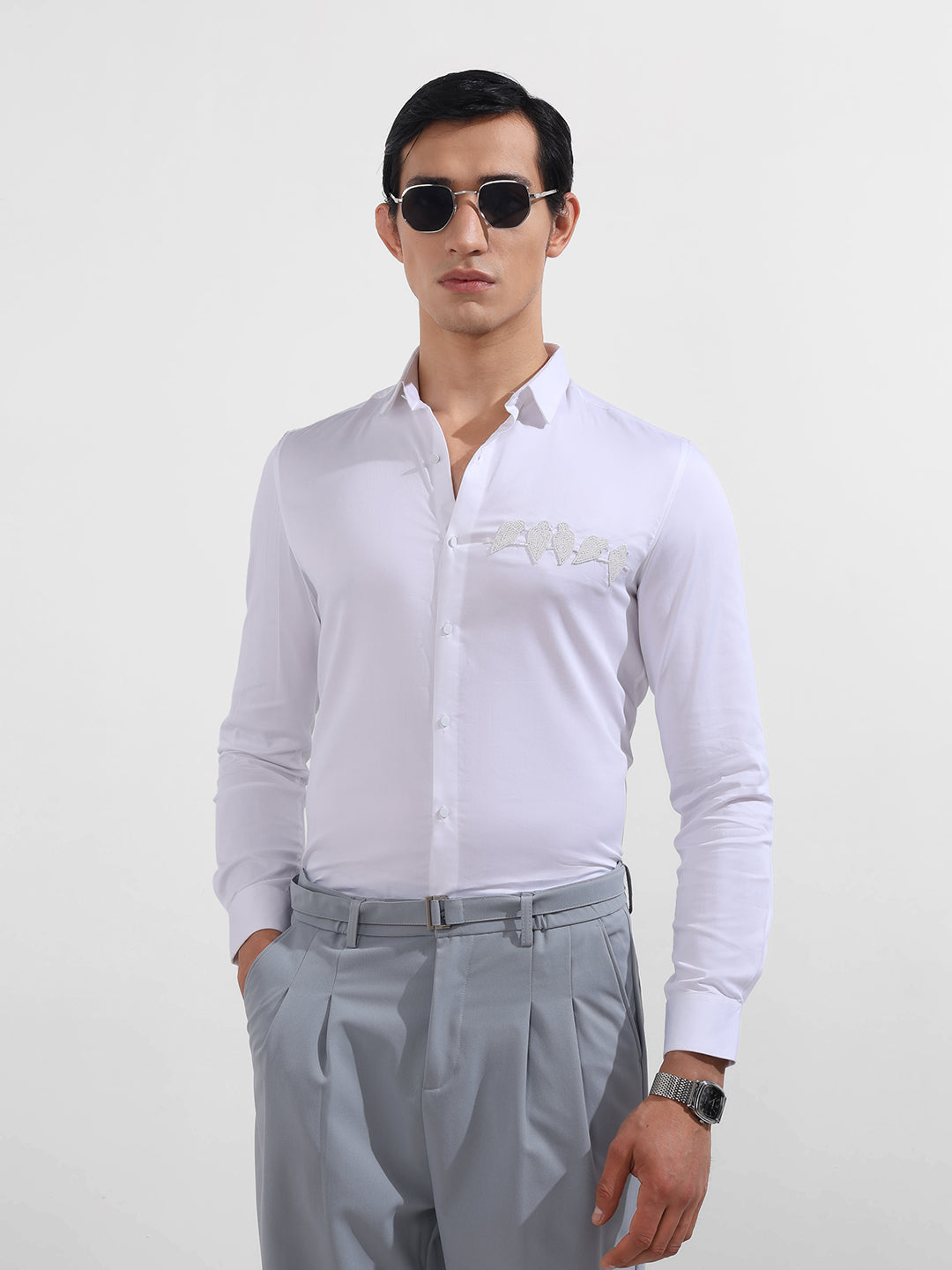 Men's White Slim Fit Embellishment Party Wear Shirt
