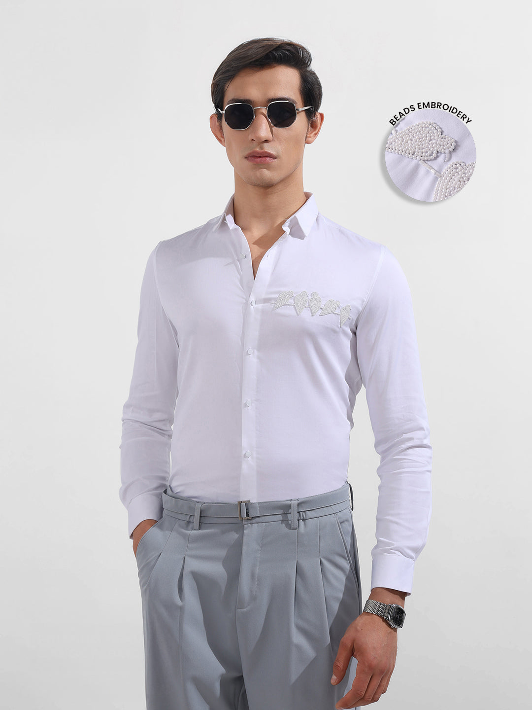 Men's White Slim Fit Embellishment Party Wear Shirt
