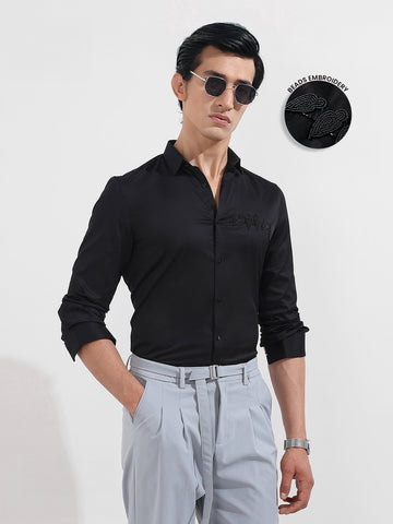 Men's Black Slim Fit Embellishment Party Wear Shirt