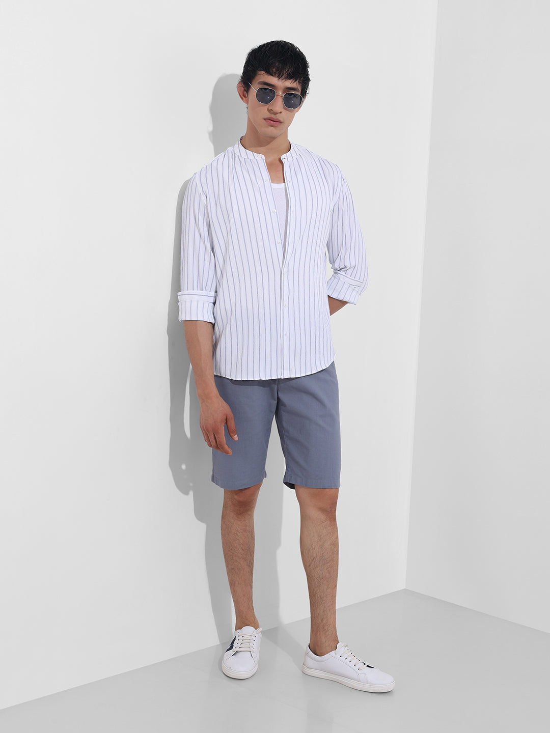 Men's Sky Blue Regular Fit Striped Casual Shirt