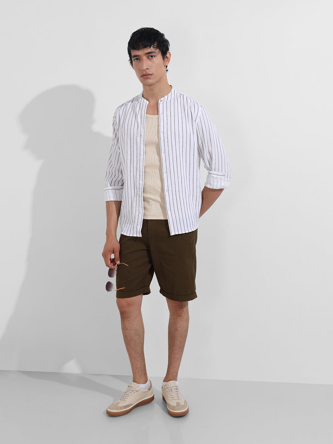 Men's Olive Regular Fit Striped Casual Shirt