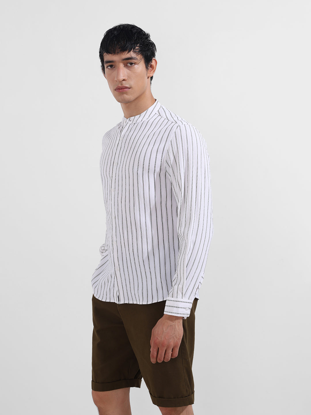 Men's Olive Regular Fit Striped Casual Shirt
