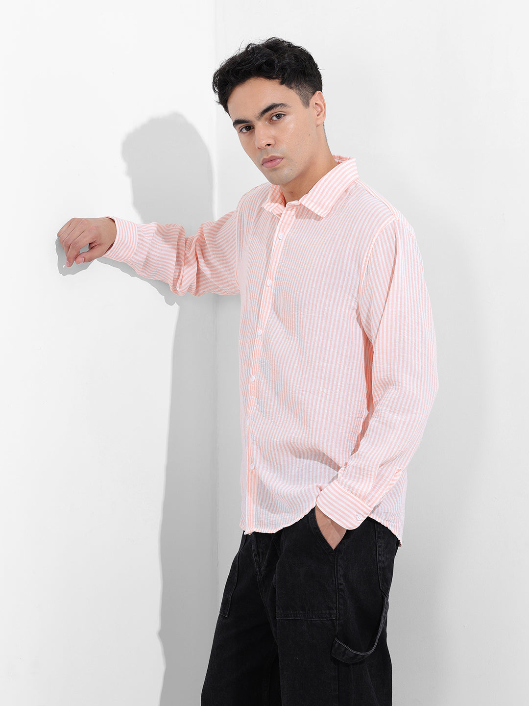 Men's Pink Relaxed Fit Striped Casual Shirt
