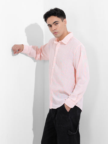 Men's Pink Relaxed Fit Striped Casual Shirt