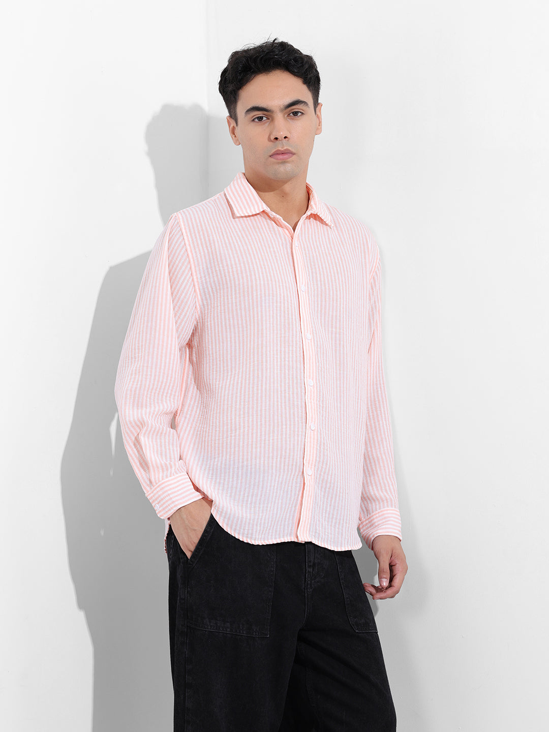 Men's Pink Relaxed Fit Striped Casual Shirt