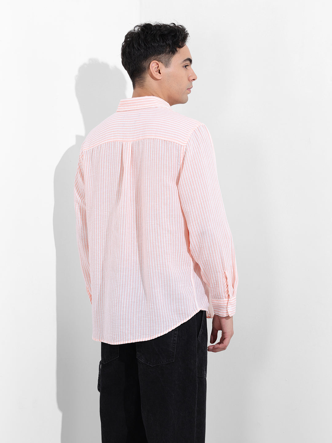 Men's Pink Relaxed Fit Striped Casual Shirt