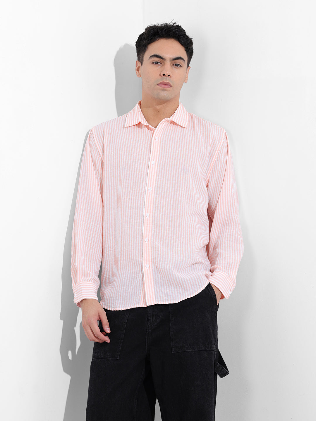Men's Pink Relaxed Fit Striped Casual Shirt