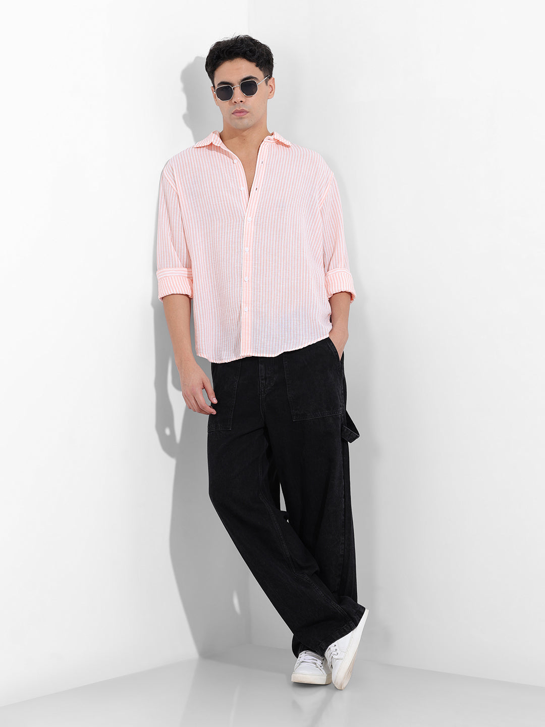 Men's Pink Relaxed Fit Striped Casual Shirt