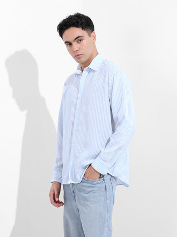 Men's Blue Relaxed Fit Striped Casual Shirt