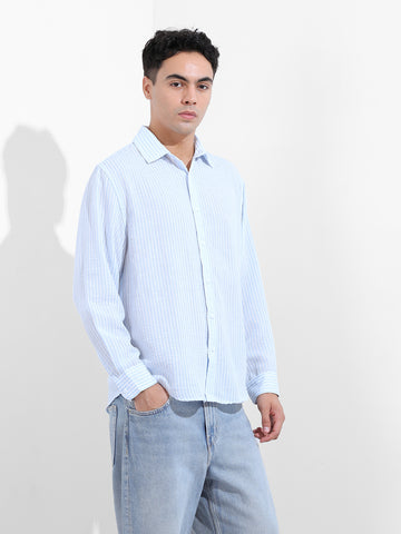Men's Blue Relaxed Fit Striped Casual Shirt