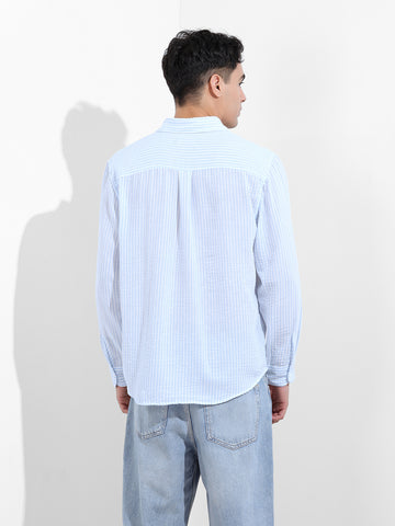 Men's Blue Relaxed Fit Striped Casual Shirt