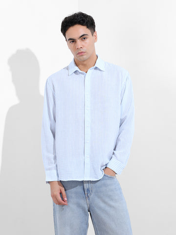 Men's Blue Relaxed Fit Striped Casual Shirt