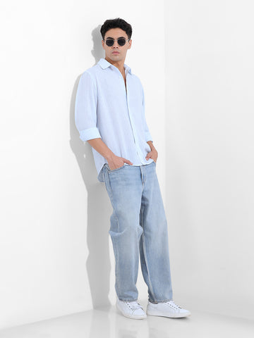 Men's Blue Relaxed Fit Striped Casual Shirt
