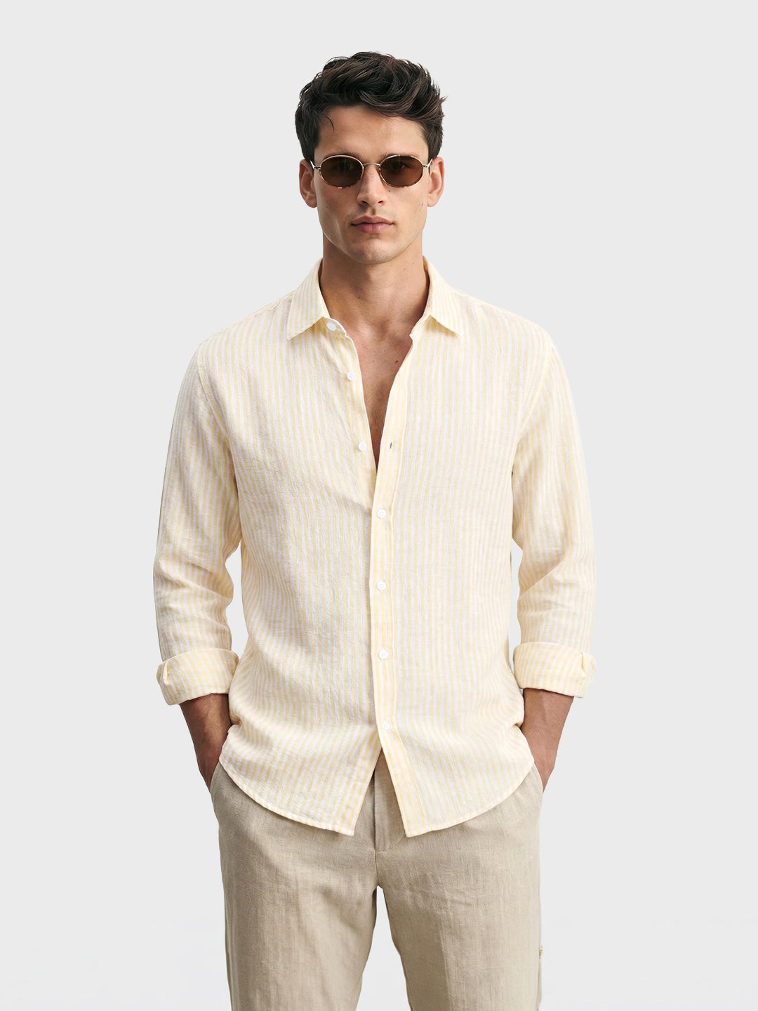 Men's Yellow Relaxed Fit Striped Casual Shirt