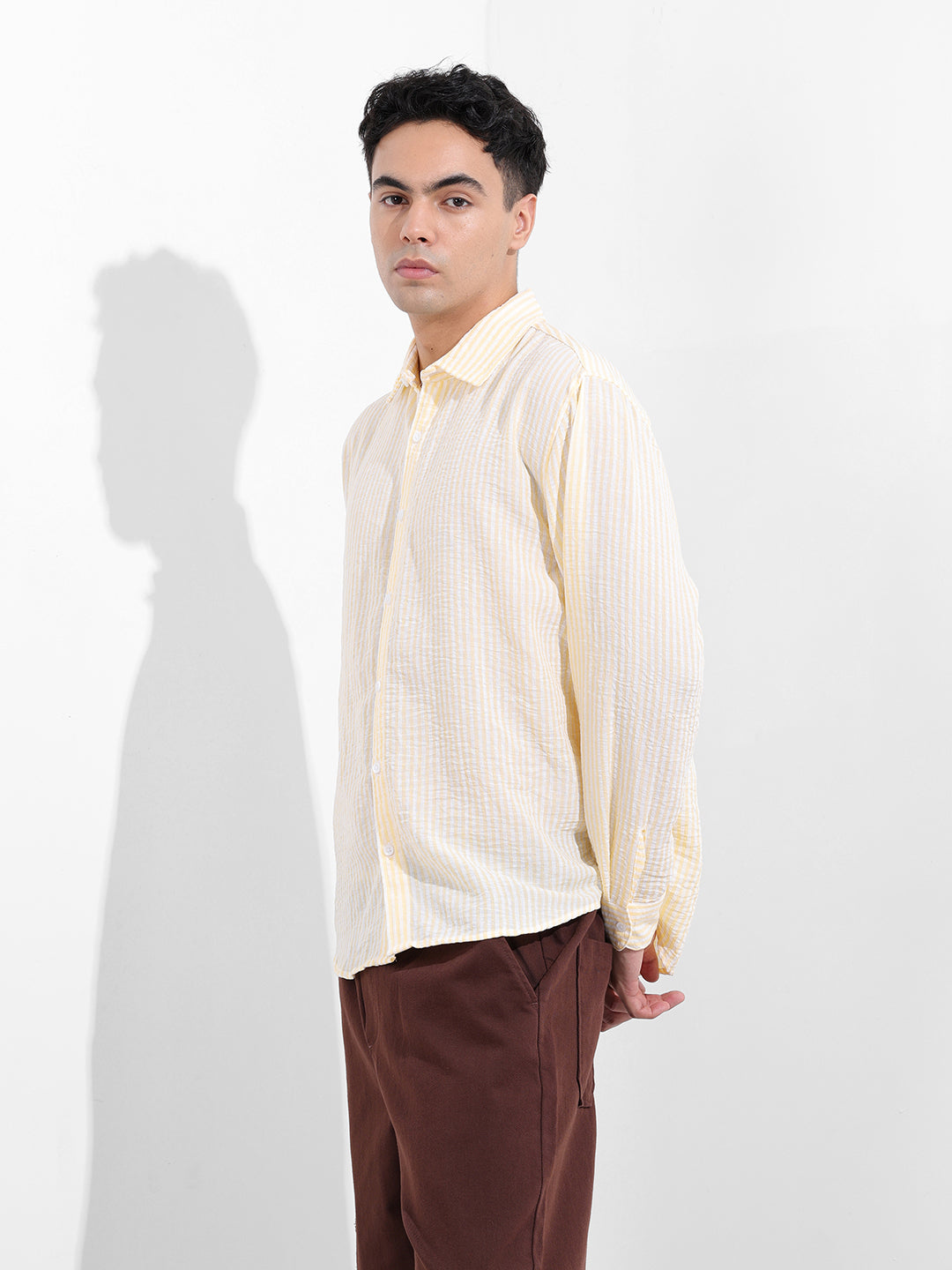 Men's Yellow Relaxed Fit Striped Casual Shirt