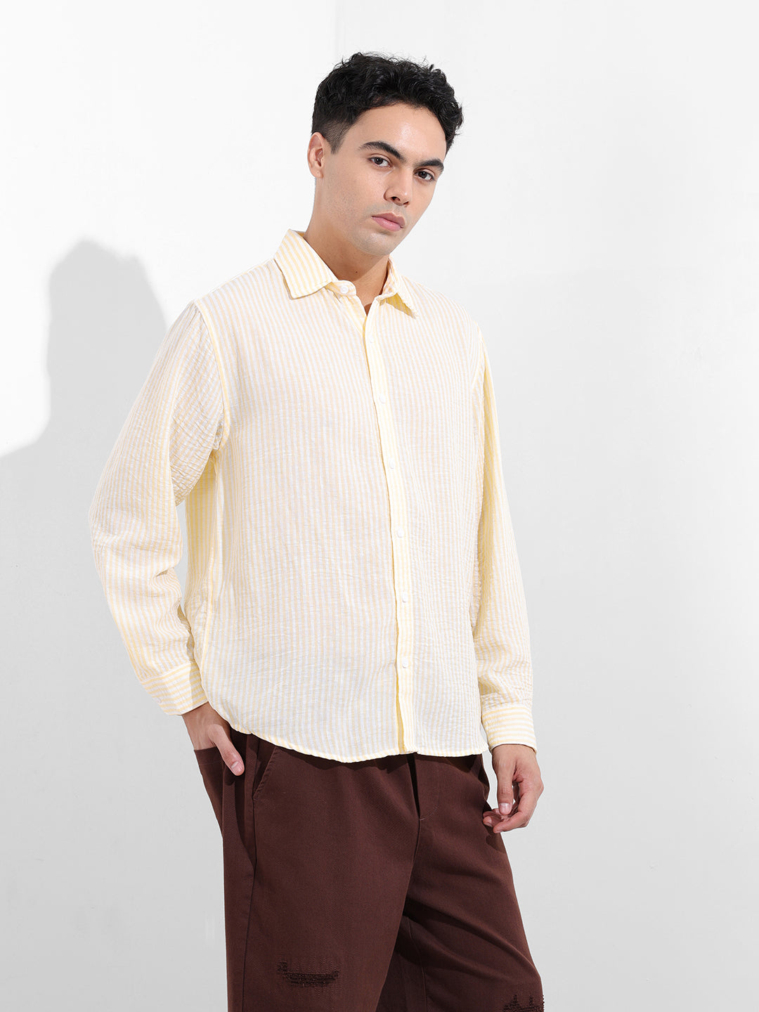 Men's Yellow Relaxed Fit Striped Casual Shirt