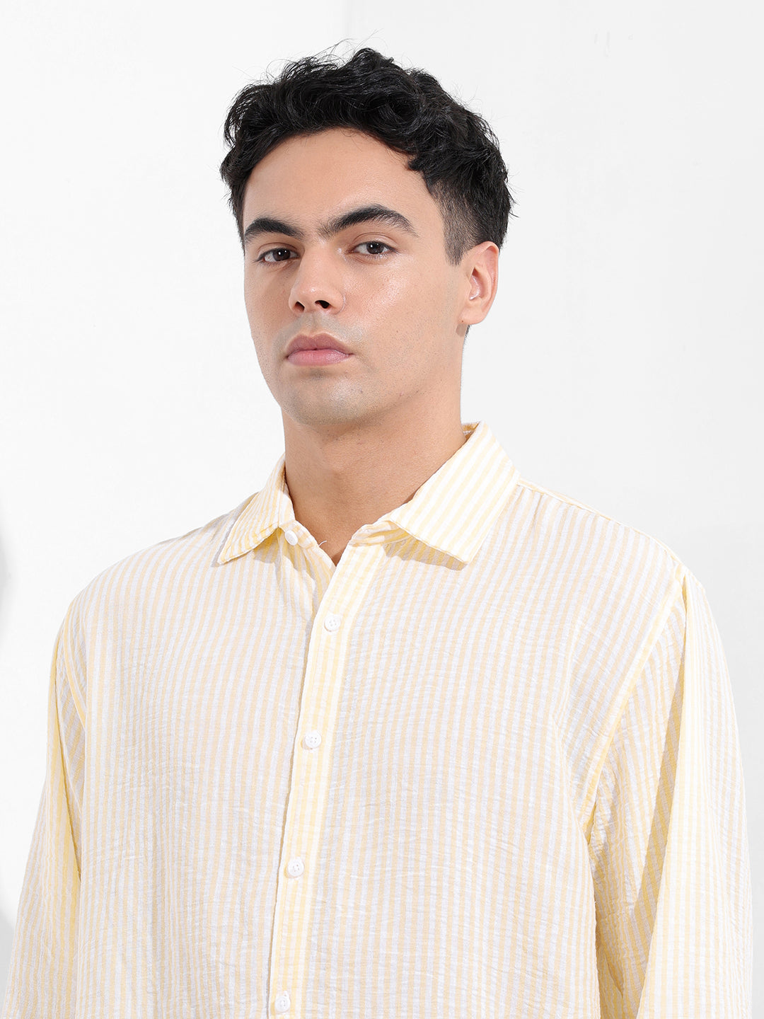 Men's Yellow Relaxed Fit Striped Casual Shirt