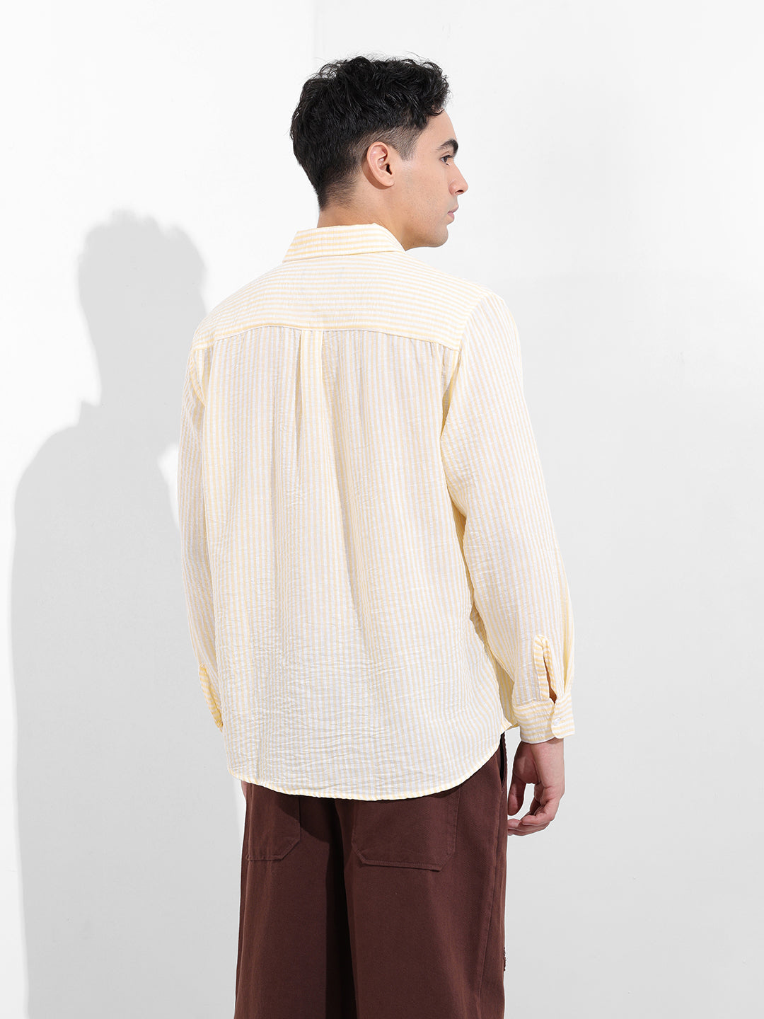 Men's Yellow Relaxed Fit Striped Casual Shirt