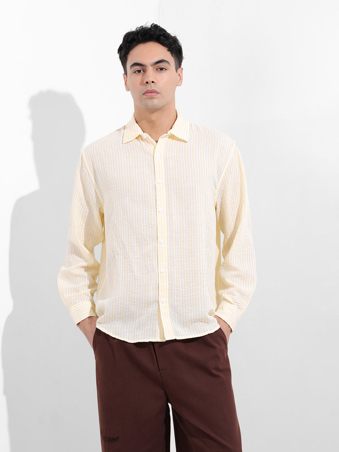 Men's Yellow Relaxed Fit Striped Casual Shirt