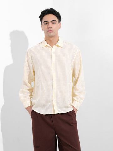 Men's Yellow Relaxed Fit Striped Casual Shirt