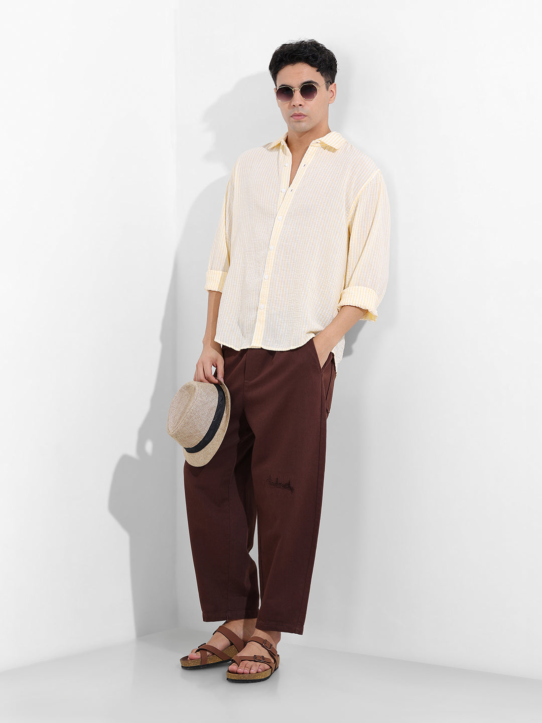 Men's Yellow Relaxed Fit Striped Casual Shirt