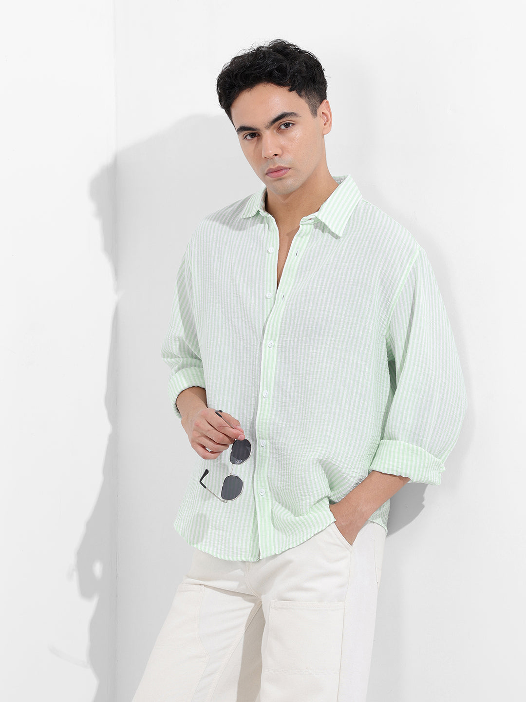 Men's Mint Blue Relaxed Fit Striped Casual Shirt