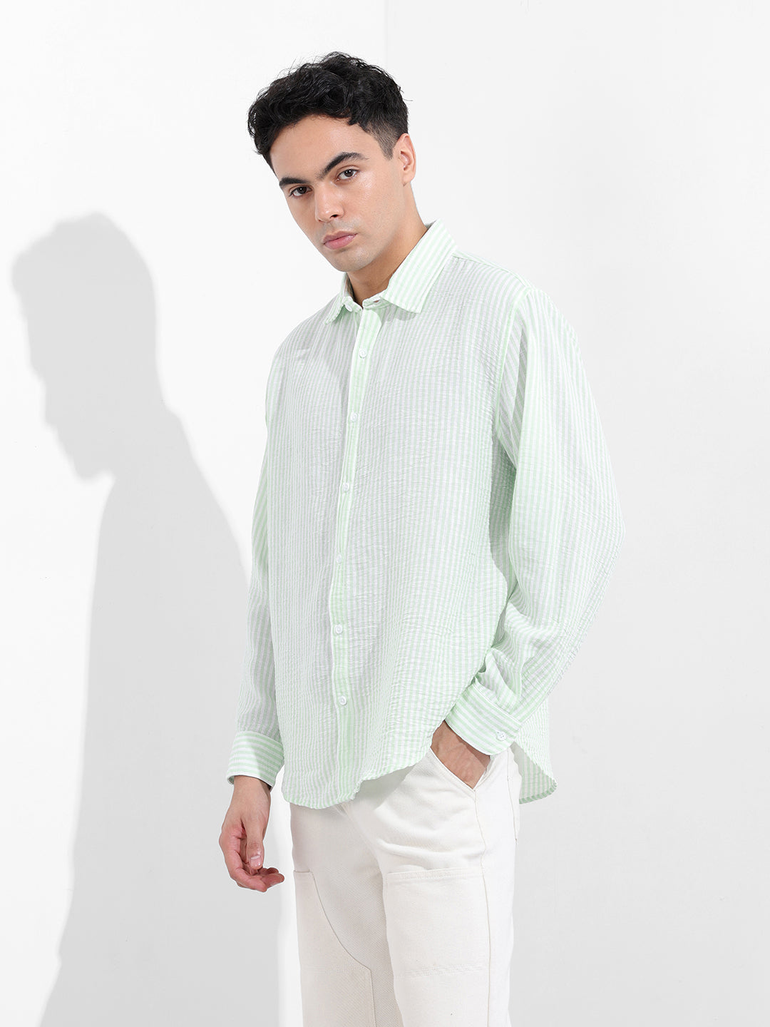Men's Mint Blue Relaxed Fit Striped Casual Shirt