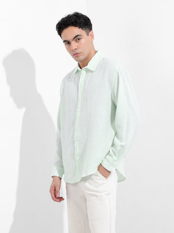 Men's Mint Blue Relaxed Fit Striped Casual Shirt