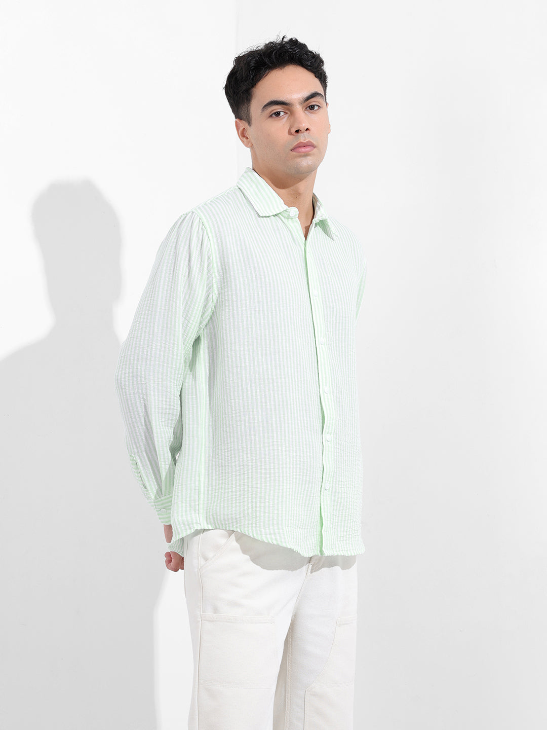 Men's Mint Blue Relaxed Fit Striped Casual Shirt
