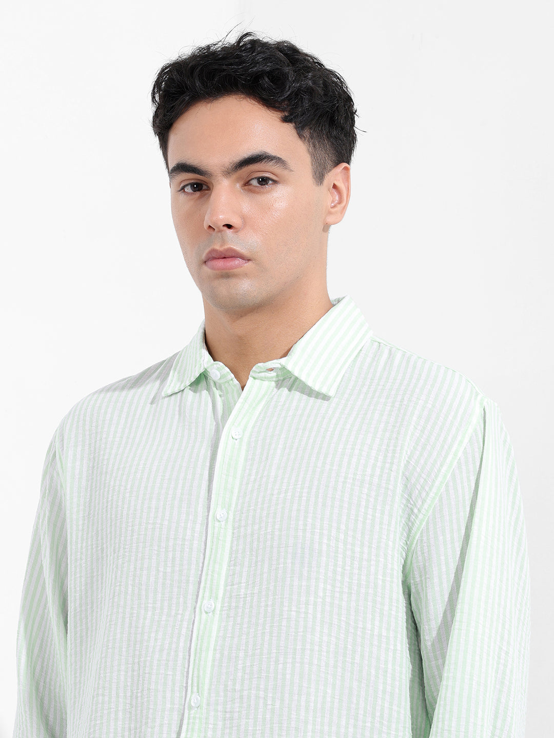 Men's Mint Blue Relaxed Fit Striped Casual Shirt