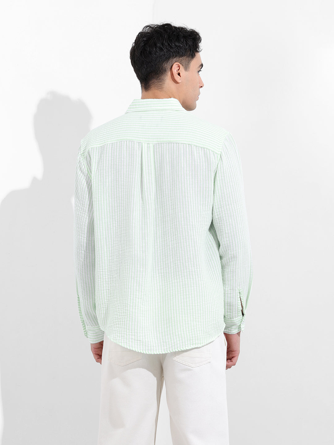 Men's Mint Blue Relaxed Fit Striped Casual Shirt