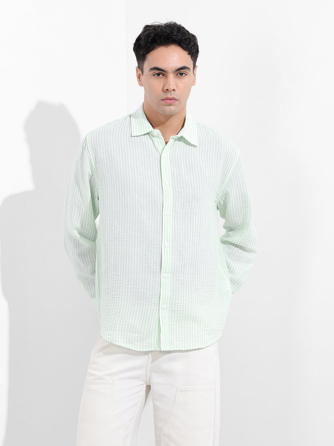 Men's Mint Blue Relaxed Fit Striped Casual Shirt
